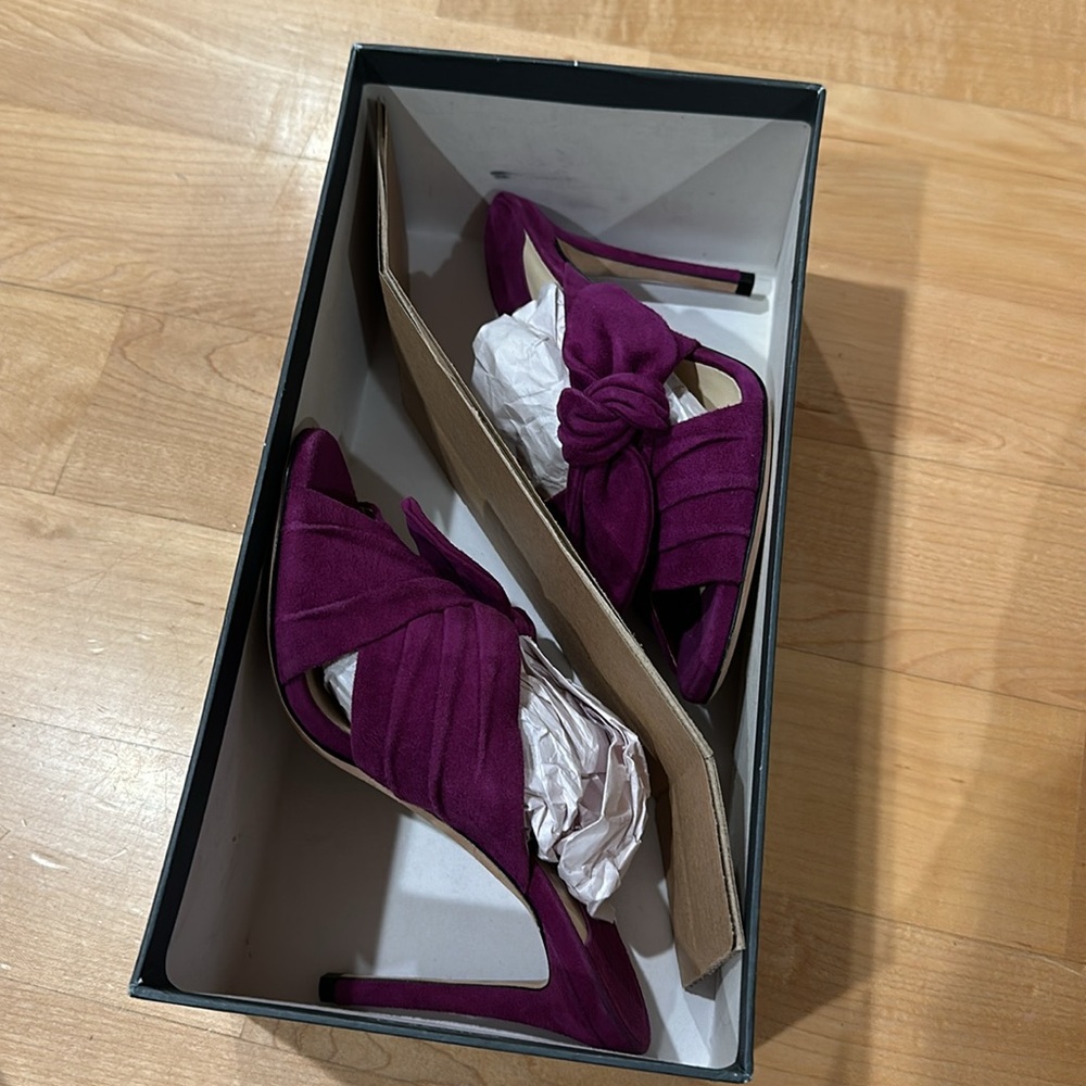 Sexy Jimmy Choo Keely suede magenta bow open toe mules heels sz 35 - Picture 11 of 11
